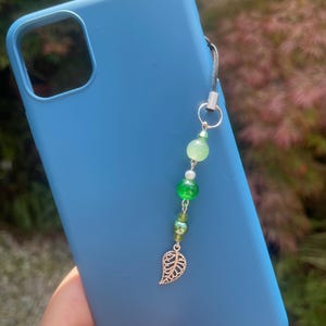 Cottage core phone charm, phone case accessory, leaf phone charm, nature jewellery, handmade phone charm, beaded phone accessory