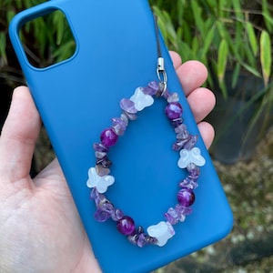 Amethyst stone phone charm, Purple beaded phone accessory, Butterfly phone loop