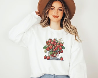 Sudadera Cottagecore con fresas, camiseta vintage con fresas, suéter bonito con fresas, sudadera con capucha con fresas, cuello redondo con fresas, frutas del jardín