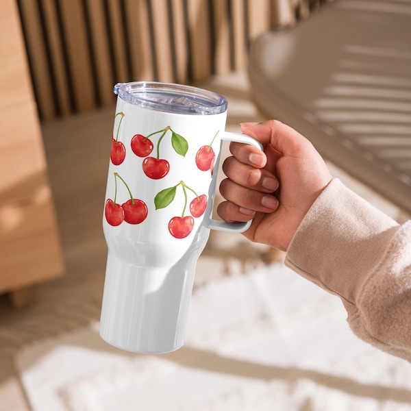 Cherry Travel mug with a handle, cherry gift, cherries mug, fruity mug, secret santa, cute travel flask, gifted cup, insulated