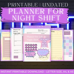 Druckbarer Digitaler Planer Nachtschicht Fokussierter Tageskalender mit 24 Stunden Zeiterfassung von 15 Uhr bis 14 Uhr +1day Trackers Weekly planner Monthly Goals ++