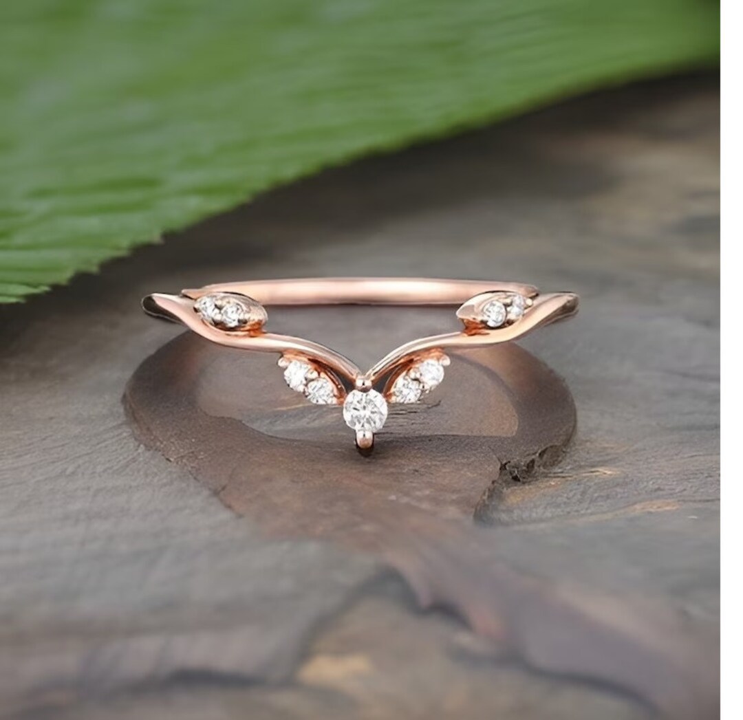Curved Moissanite Wedding Band Yellow Gold Vintage Unique Matching Band ...