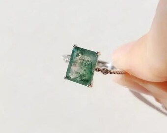 Emerald Cut Moss Agate Ring, Sterling Silver Promise Ring