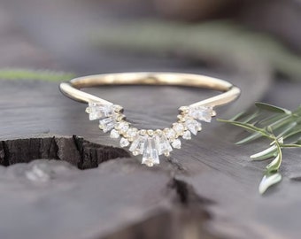 Baguette Moissanite Wedding Band: Curved Yellow Gold Bridal Ring