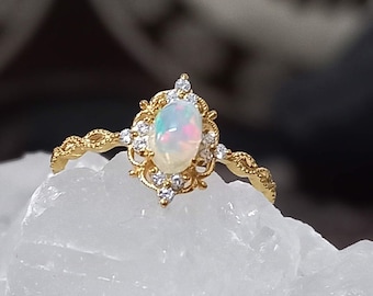 Natural Oval Opal Ring for women- 14K Yellow Gold Vintage Promise Engagement Ring for Women Anniversary Birthday Gift- October Birthstone