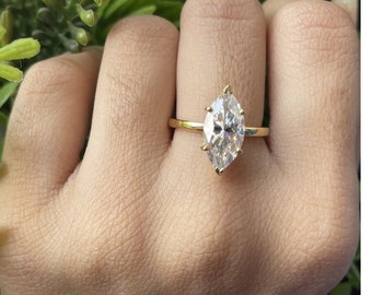 Bague solitaire marquise moissanite certifiée or jaune Bague de fiançailles unique bague moissanite vintage Anniversaire Cadeau d'anniversaire pour femme