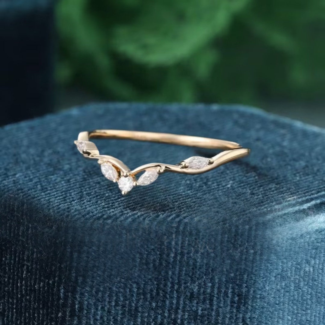 Curved Moissanite Wedding Band Yellow Gold Vintage Unique Marquise Band ...
