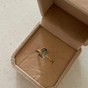 Pierścionek z naturalnego zielonego agatu mchowego dla kobiet - szlif szmaragdowy, 14-karatowe różowe złoto Vermeil, pierścionek zaręczynowy, prezent urodzinowy i rocznicowy dla niej