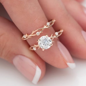 Vintage 1 kt delicate tak Moissaniet verlovingsring set voor vrouwen unieke natuurstijl takje ring blad bruiloft antieke art deco ring