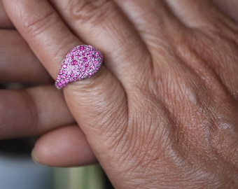 Vintage Pinky Pave Ring with Pink Sapphire- Dainty Micro Pave Statement Ring - Minimal Luxury Silver or Gold Ring for Women