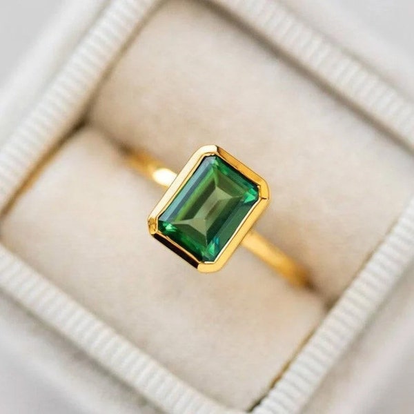 Anello di fidanzamento con smeraldo, anello di fidanzamento in oro 14 carati con taglio smeraldo da 4 carati, anello a grappolo con diamanti CZ, anello nuziale, anello di promessa, regalo di anniversario