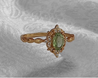 Vintage Natural Peridot Ring 14K Yellow Gold Vermeil Engagement Promise Ring Wedding Anniversary Christmas Gift For Her- August Birthstone