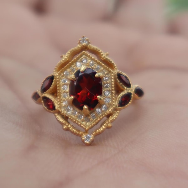 Vintage Red Garnet Ring- Art Deco 14K Solid Gold Engagement Promise Ring For Women Anniversary Gift For Her- January Birthstone