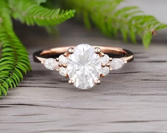 Anillo de compromiso de moissanita ovalada, anillo de compromiso vintage único en racimo de oro rosa para mujer, anillo de compromiso de diamantes marquesa, boda nupcial, art decó, aniversario