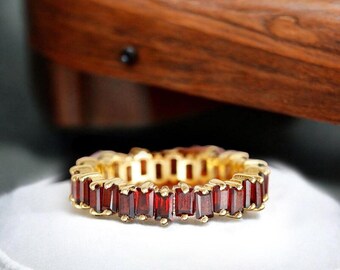 Vintage Garnet Engagement Ring - 14K Yellow Gold Plated Garnet Full Eternity Band For Women -January Birthstone Stacking Band For Her