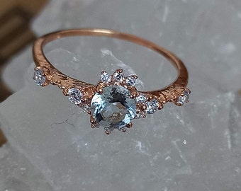 Anillo de compromiso vintage con aguamarina ovalada, oro rosa de 14 k, detalles de diamantes