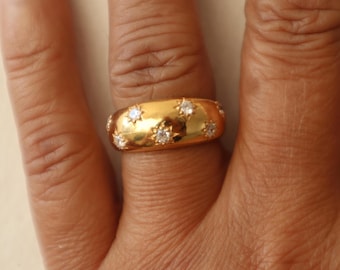 Gold Dome Ring with Moissanite Star Accents – Celestial-Inspired Statement Ring- Unique Birthday Anniversary Gift for Her
