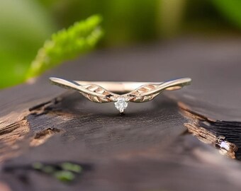 Vintage Moissanite Wedding band dainty rose gold women Leaf Art deco Matching Stacking band wedding Promise Anniversary ring gift for her