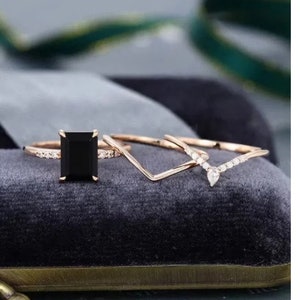 Juego de 3 anillos de compromiso de moissanita de ónix negro con corte esmeralda - Anillo de bodas de oro rosa de 14 k para mujer, anillo de promesa nupcial, regalo para ella
