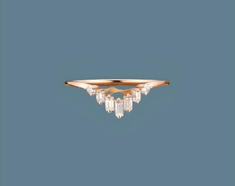 Vintage Chevron Moissanite wedding band rose gold- Curved Delicate Baguette Round Diamond Stacking Bridal Band Anniversary ring Gift for Her