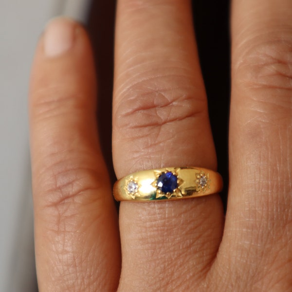 Victorian Gypsy Band Ring  for Women with Sapphire and Moissanite- 14k Gold Chunky Diamond Stacking Starburst Dome Dainty Statement Ring