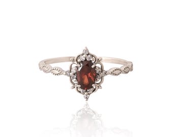 Vintage Natural Garnet Ring- 14K Yellow Gold Vermeil Engagement Promise Ring for Women Anniversary Birthday Gift For Her- January Birthstone