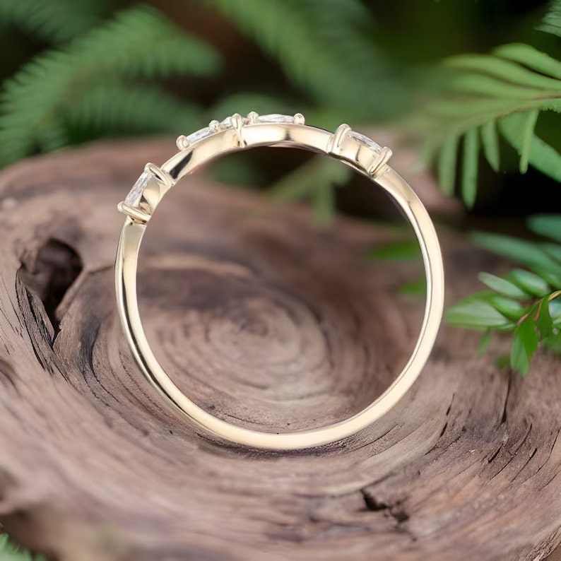 Curved Moissanite Wedding Band Yellow Gold Vintage Unique Marquise Band ...