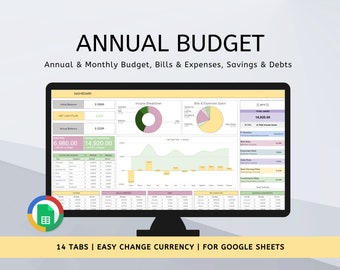 Annual Budget Spreadsheet, Monthly Budget, Google Sheets Budget Template, Personal Finance Dashboard, Monthly Budget Planner Google Sheets