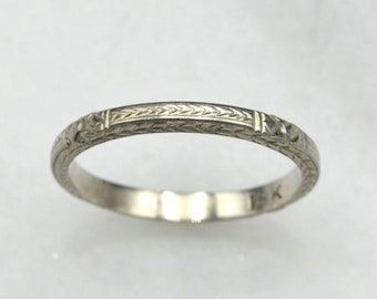 Antique Engraved Wheat 18k White Gold Wedding Band