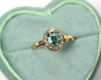 Antique Green Tourmaline and Rose Cut Diamond and Gold Ring