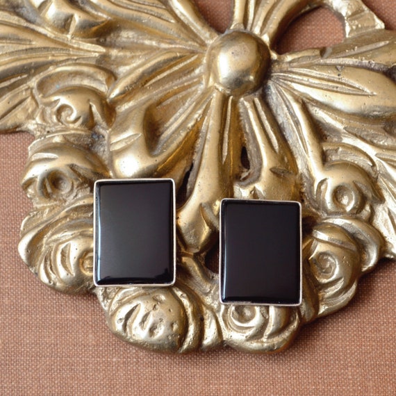 Vintage Black Onyx and Gold Vermeil Post Earrings - image 1