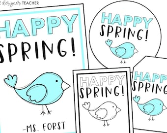 Etiquetas y tarjetas de regalo editables de Happy Spring para estudiantes, profesores y compañeros de clase