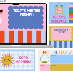 May include: A digital display featuring a laptop screen with a duck wearing sunglasses and the text TODAY'S WRITING PROMPT. Additional panels include a schedule with a clock, an affirmation box with a bird, a Good Morning sign, and a Meet the Teacher template.
