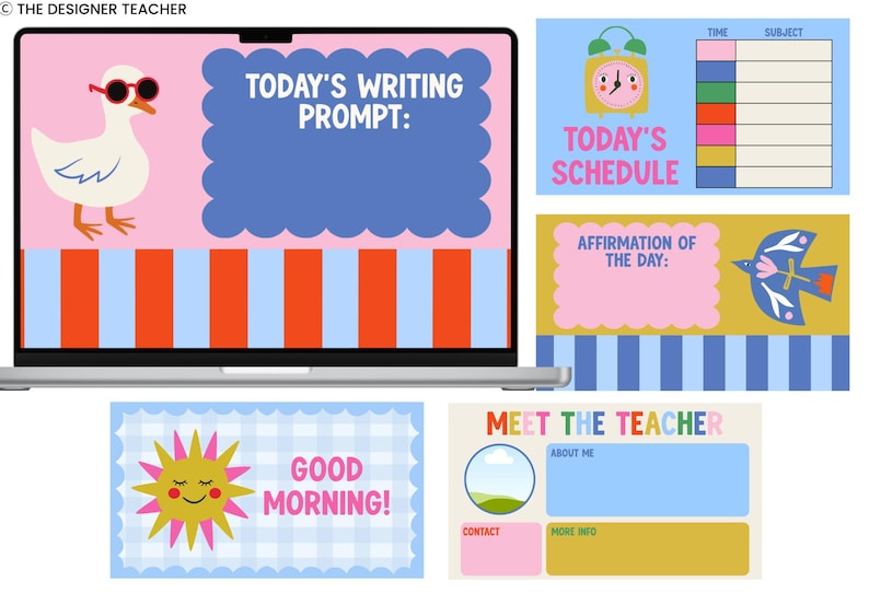 May include: A digital display featuring a laptop screen with a duck wearing sunglasses and the text TODAY'S WRITING PROMPT. Additional panels include a schedule with a clock, an affirmation box with a bird, a Good Morning sign, and a Meet the Teacher template.