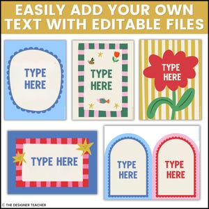 May include: A collection of five rectangular digital templates featuring colorful borders and illustrations. Each template includes the placeholder text TYPE HERE. Designs include scalloped edges, striped patterns, a red flower, and stars.