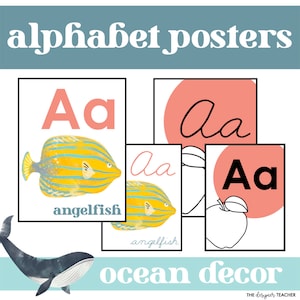 Alphabet Poster: Print, Cursive & Picture Cues Ocean Theme Under The Sea