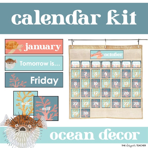 Editable Classroom Calendar Kit with Ocean Theme Under The Sea