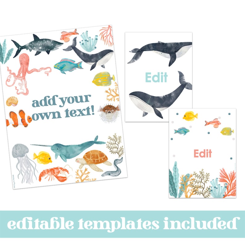 May include: Printable ocean-themed cards with colorful illustrations of sea creatures, coral reefs, and the text "add your own text!"  Editable templates are included.