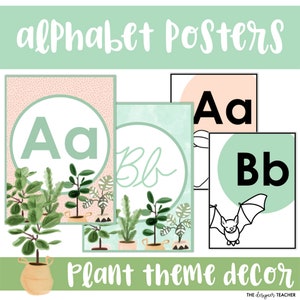 Plant Theme Classroom Alphabet Posters: Print, Cursive & Phonics Picture Cues | A-Z Printable Elementary School Pastel Botanical Decor