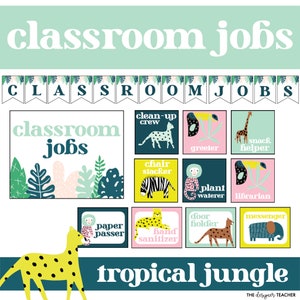 Editable Classroom Jobs Chart and Bulletin Board Display Modern Tropical Jungle Student Decor