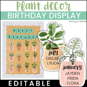 Editable Classroom Birthday Chart and Bulletin Board Display | Botanical Plant Theme Pastel Student Wall Posters Printable Sign