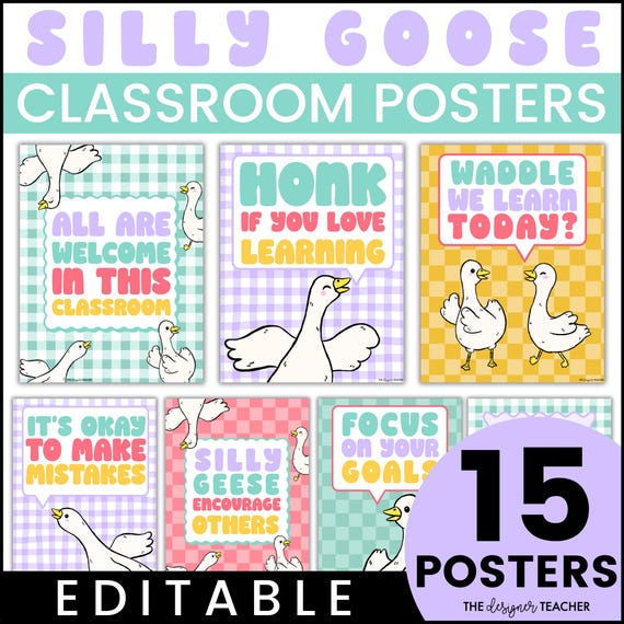 Editable Classroom Silly Goose Posters Bulletin Board | Cute Checkered Gingham Theme | Positive Motivational Inspirational Growth Mindset