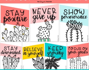 Editable Bright Cactus Growth Mindset Classroom Posters: English and Spanish | Inspirational Motivational School Decor Printable