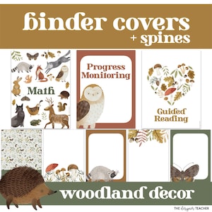 May include: Woodland themed binder covers and spines with illustrations of owls, deer, mushrooms, butterflies, and other forest animals. The covers include titles like "Math", "Progress Monitoring", and "Guided Reading".