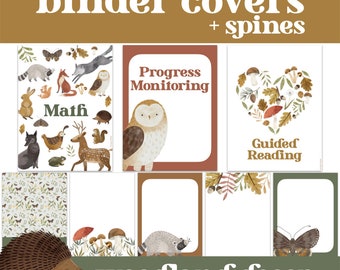 Könnte beinhalten: Ordnerhüllen und -rücken im Wald-Design mit Illustrationen von Eulen, Hirschen, Pilzen, Schmetterlingen und anderen Waldtieren. Die Hüllen tragen Titel wie "Mathe", "Fortschrittsüberwachung" und "Lesebegleitung".