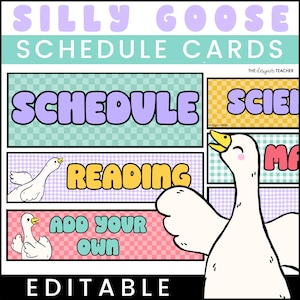 Könnte beinhalten: Ein farbenfrohes Set von Lernkarten mit einem Cartoon-Gans-Design. Die Karten zeigen die Wörter "Schedule", "Reading", "Add Your Own" und "Science". Der Text ist in verschiedenen Farben gehalten, mit einem karierten Hintergrund.