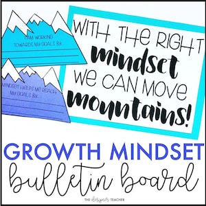 Anslagstavla med growth mindset och dekoration av klassrumsdörren och bergspysselaktivitet