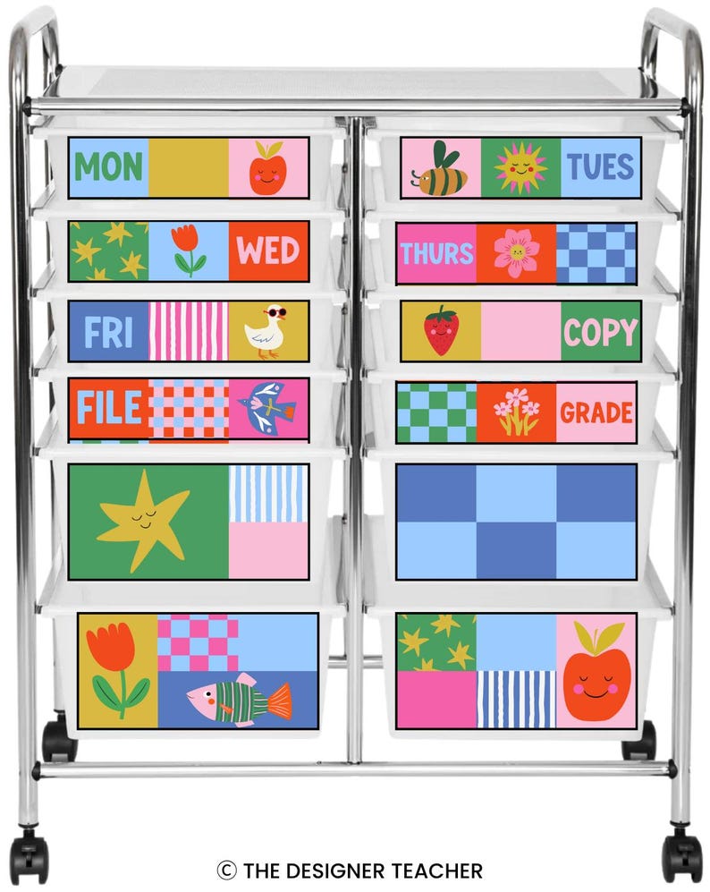 May include: A rolling metal storage cart with ten white plastic drawers. Each drawer front features colorful, patterned labels with illustrations of fruits, flowers, animals, and text including MON, TUES, WED, THURS, FRI, COPY, FILE, and GRADE.