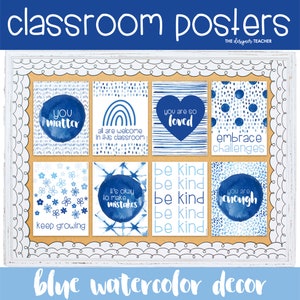 Cartazes de aquarela azul inclusivos e inspiradores para a sala de aula com mentalidade de crescimento | Decoração motivacional para creche para download