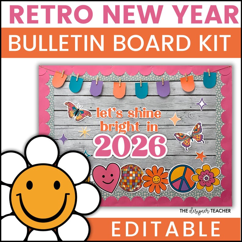 Retro Groovy January New Year's Bulletin Board Kit 2026 Winter Door ...